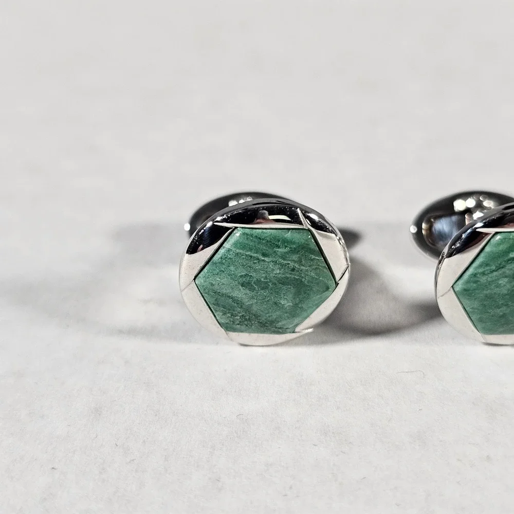 Jan Leslie Cufflinks Mens OS Green Sterling Silver‎ 925 Hexagon Stone Inlay